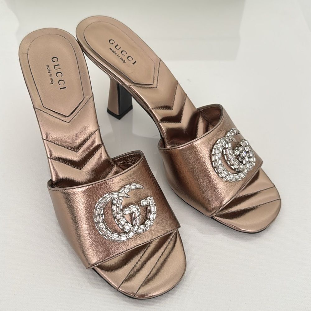 Gucci Crystal GG Marmont Rose Gold Sandals Heels Metallic Nappa New EU 37 US 7
